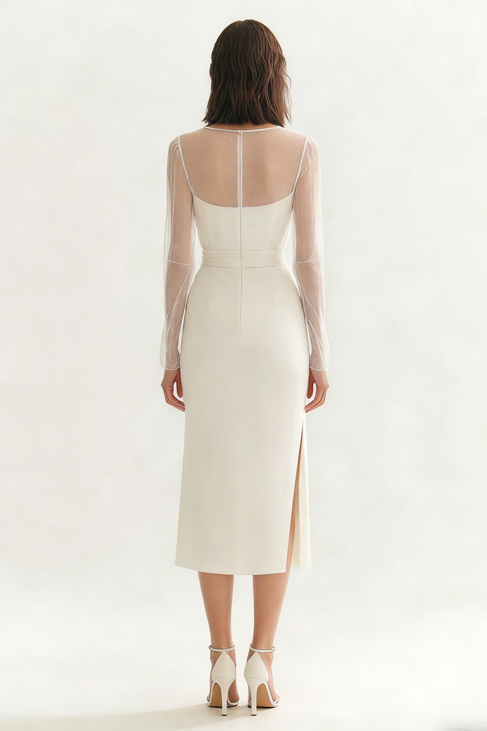 Long Sleeve Satin Midi White Dress with Slit