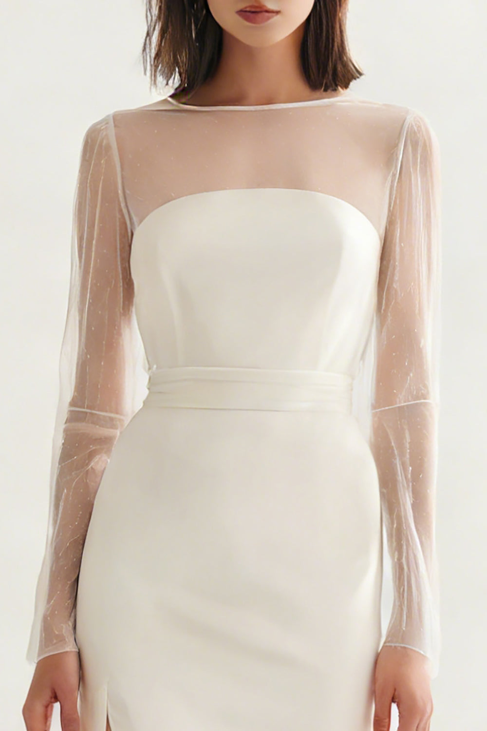 Long Sleeve Satin Midi White Dress with Slit