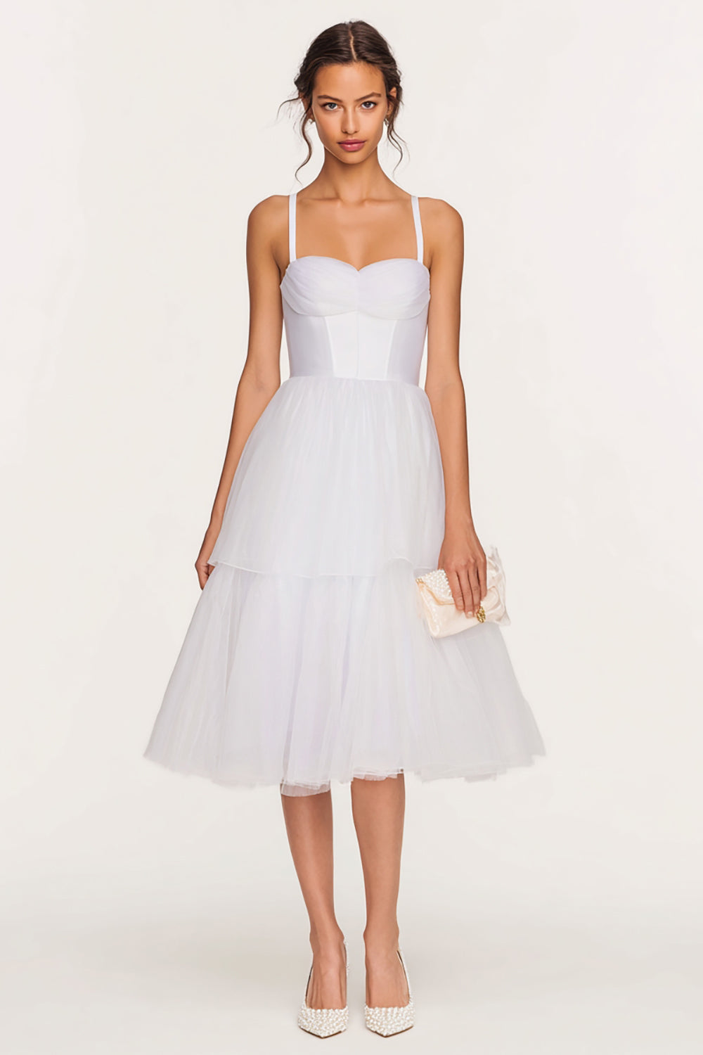 Spaghetti Straps A Line Corset Midi White Dress