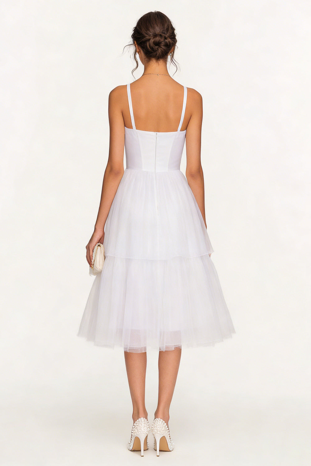 Spaghetti Straps A Line Corset Midi White Dress