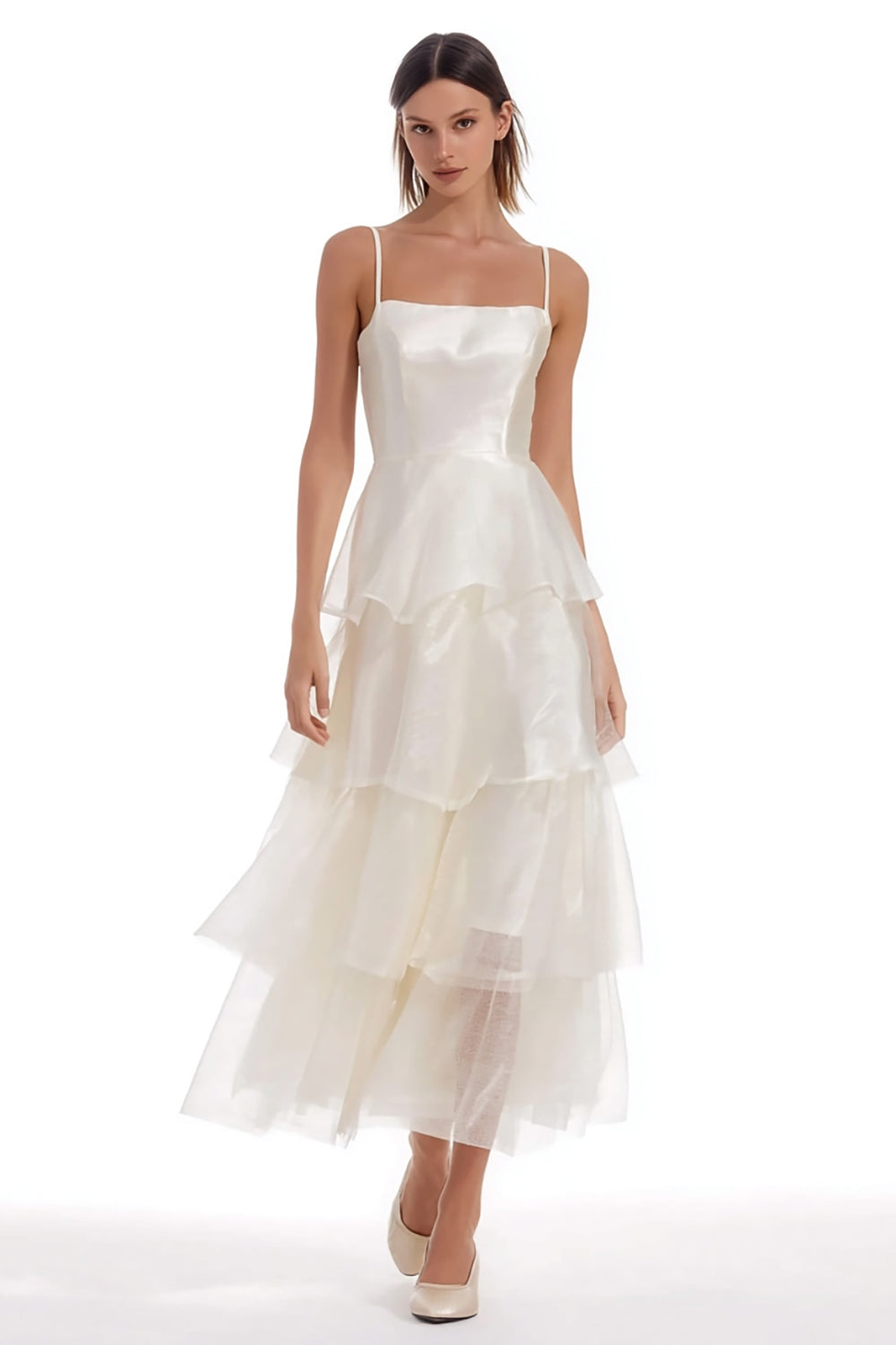 Tiered Spaghetti Straps Satin Midi White Dress