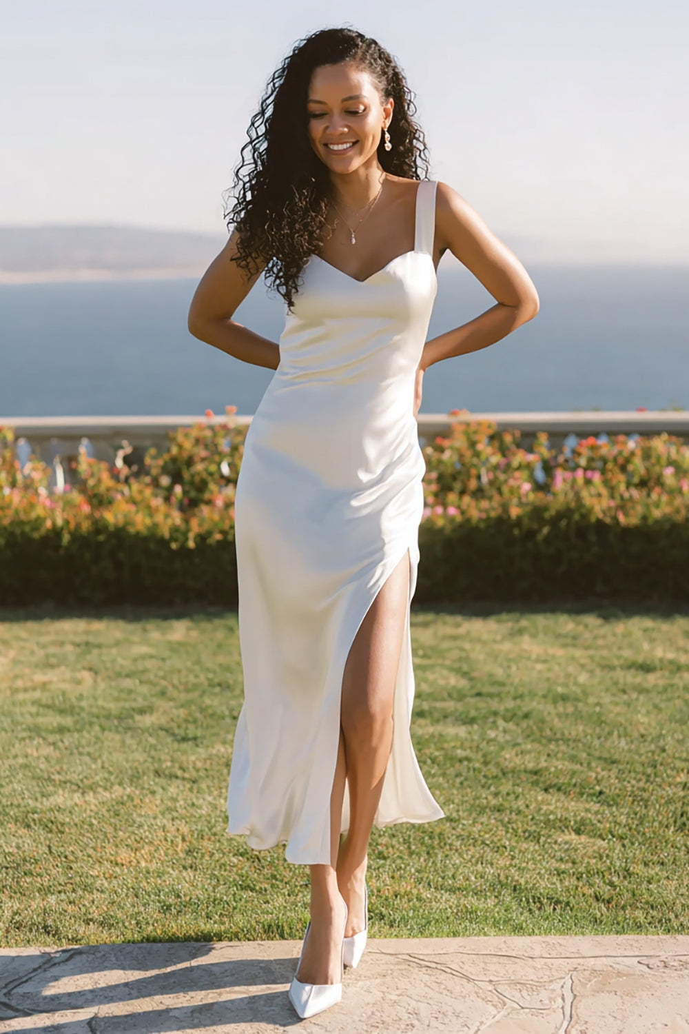 Spaghetti Straps Satin Midi White Dress with Slit