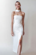 Elegant Strapless Satin Midi White Dress