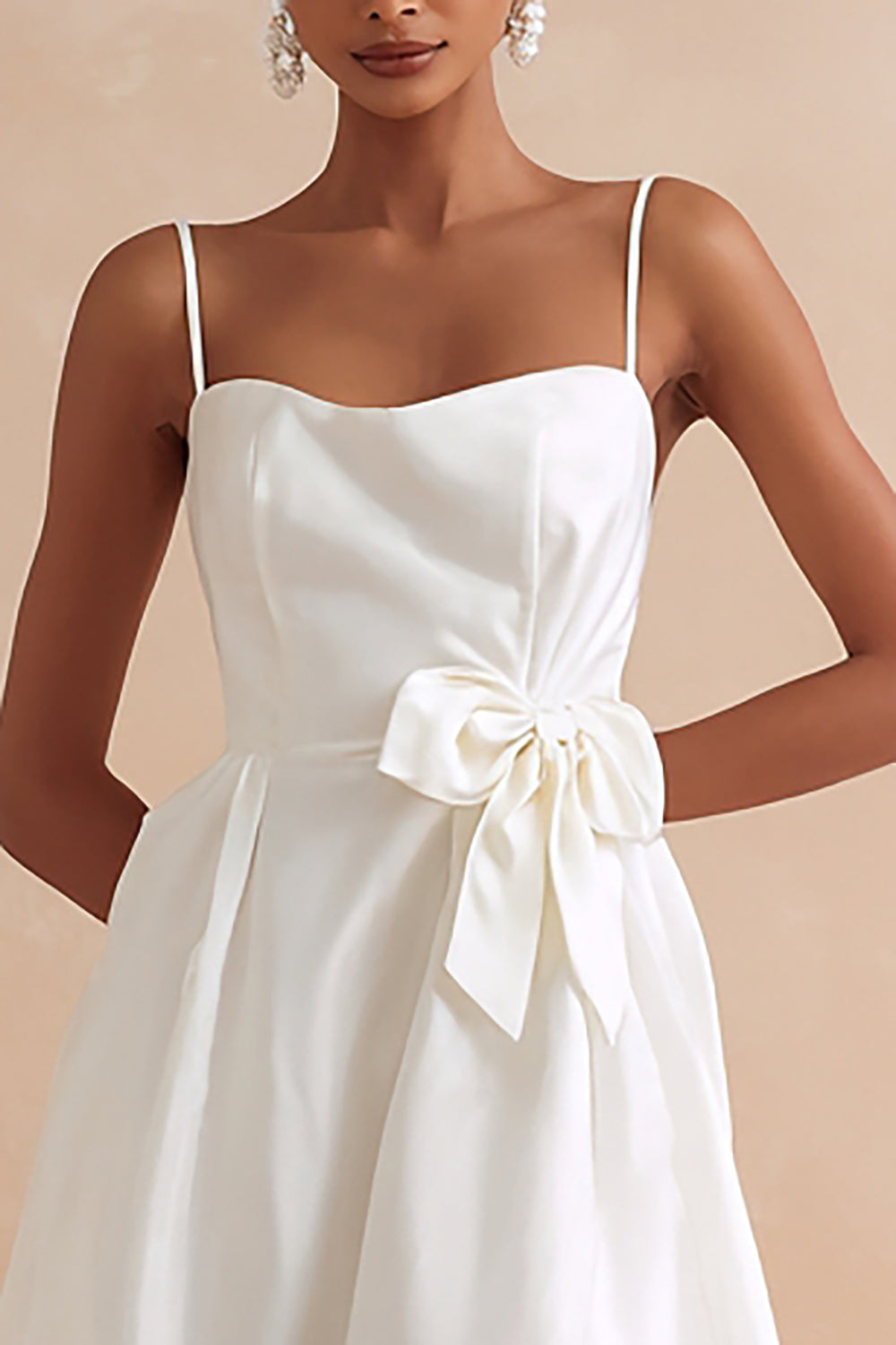Spaghetti Straps A Line Satin Midi White Dress with Bow