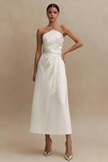 Strapless A Line Ruched Satin Midi White Dress