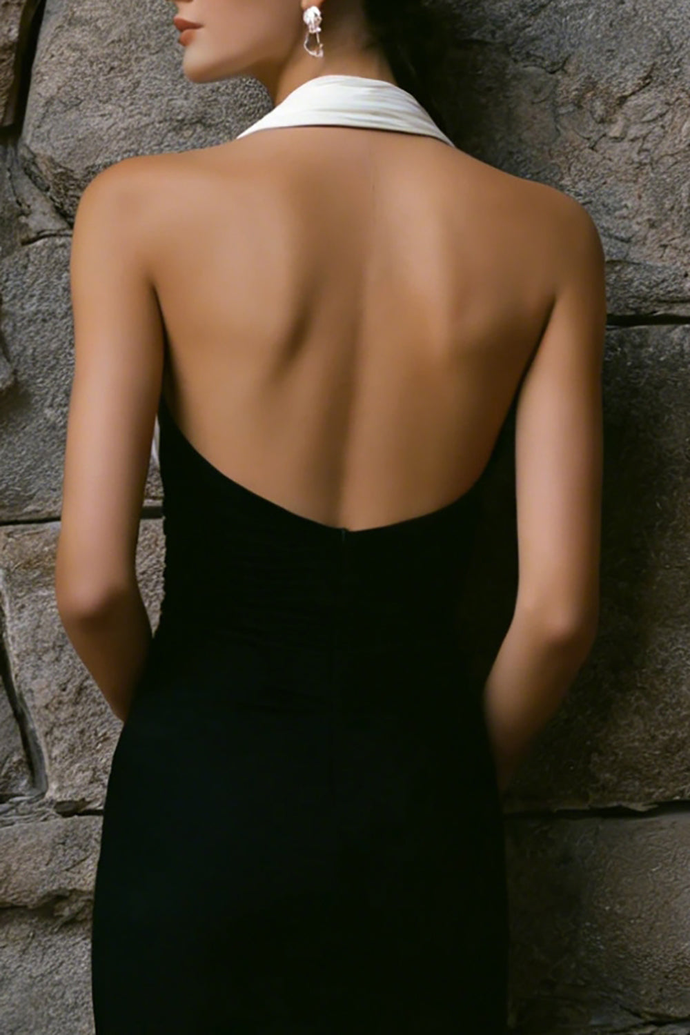 Halter Sheath Black and White Ruched Formal Dress