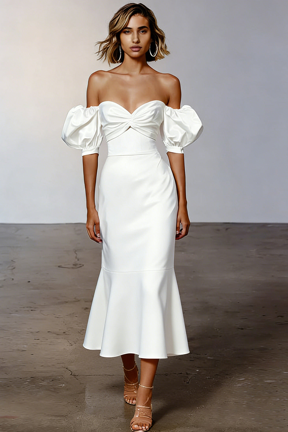 White Off the Shoulder Mermaid Midi Engagement Dress