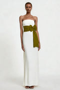 White Strapless Sheath Maxi Engagement Dress with Bow