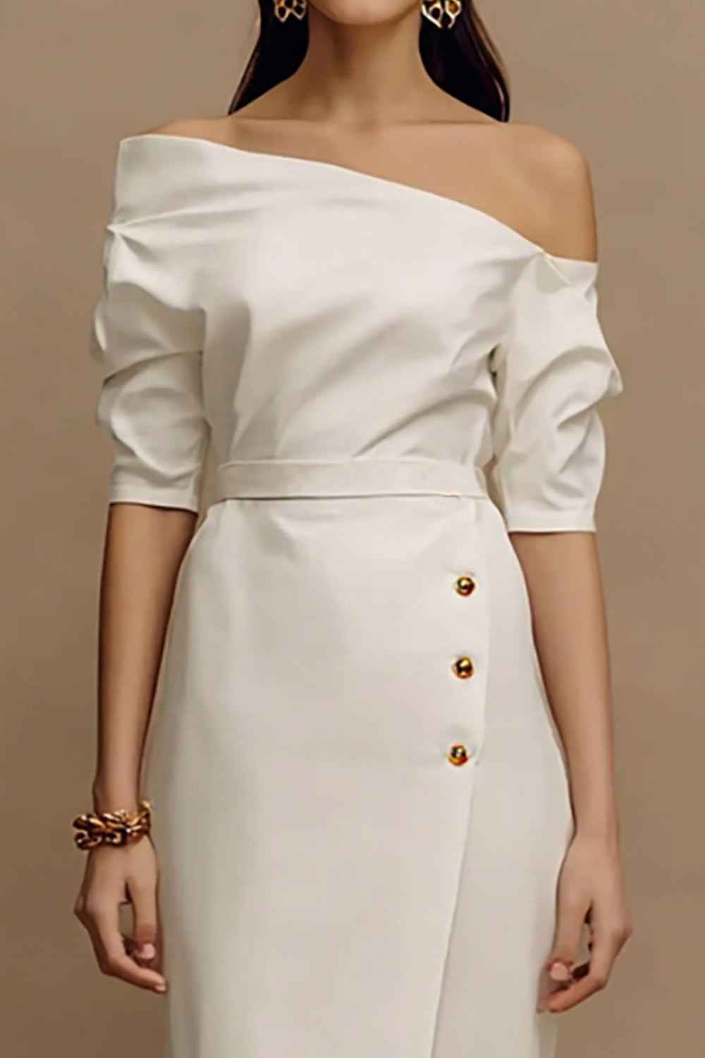 Elegant Sheath Half Sleeve Midi White Dress