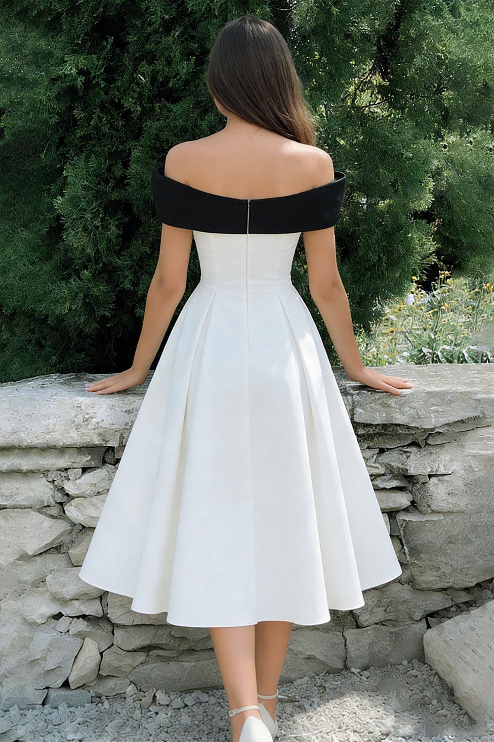 Off the Shoulder A Line Midi White Dress with Bow