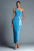 Simple Peacock Blue One Shoulder Formal Dress with Bow
