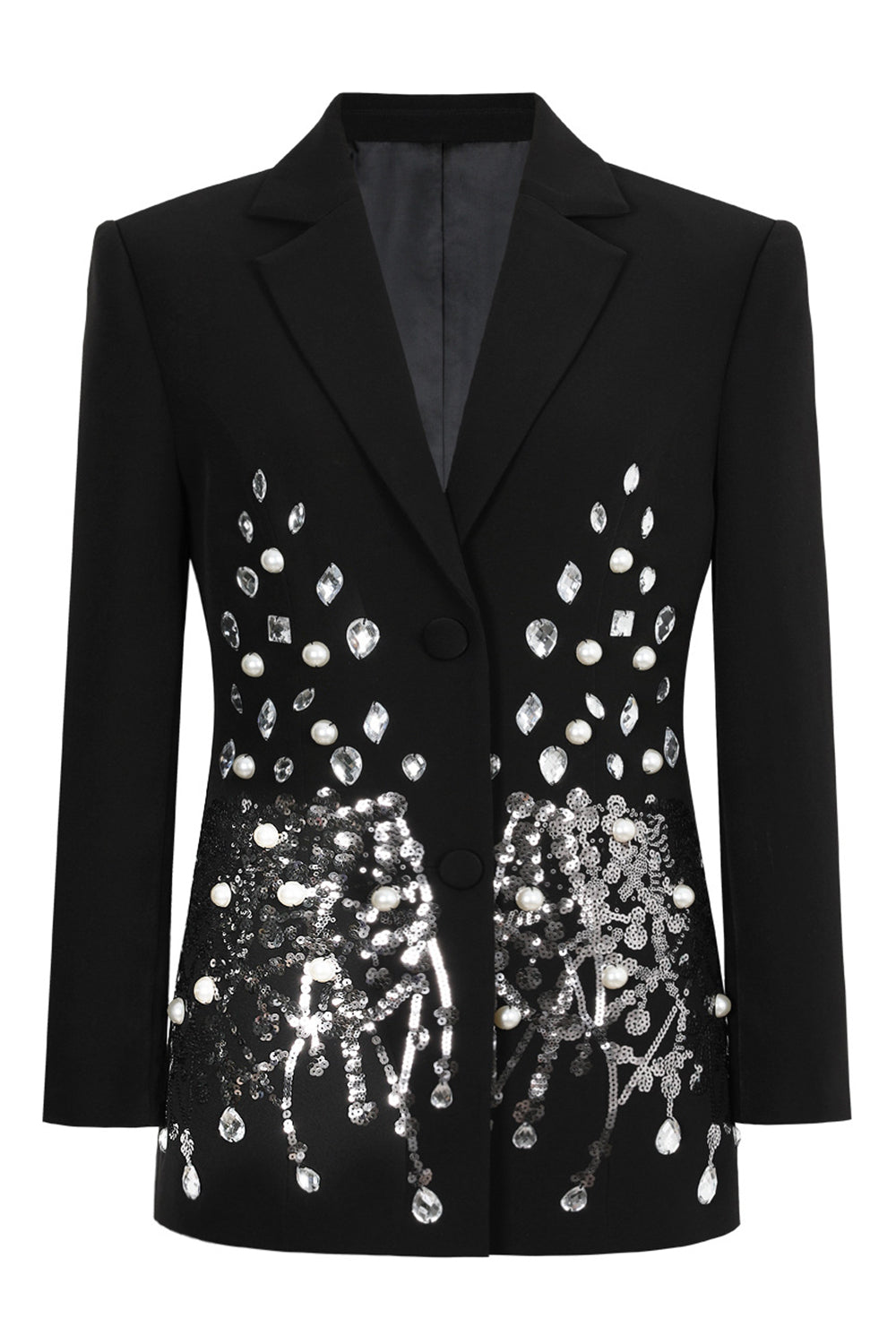 Black Notched Lapel Beaded Prom Blazer With Sequins