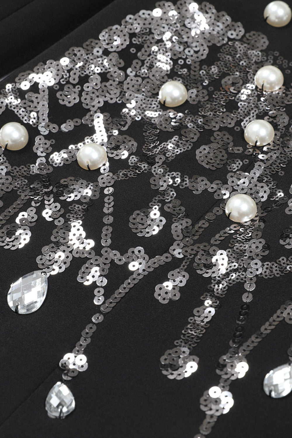 Black Notched Lapel Beaded Prom Blazer With Sequins