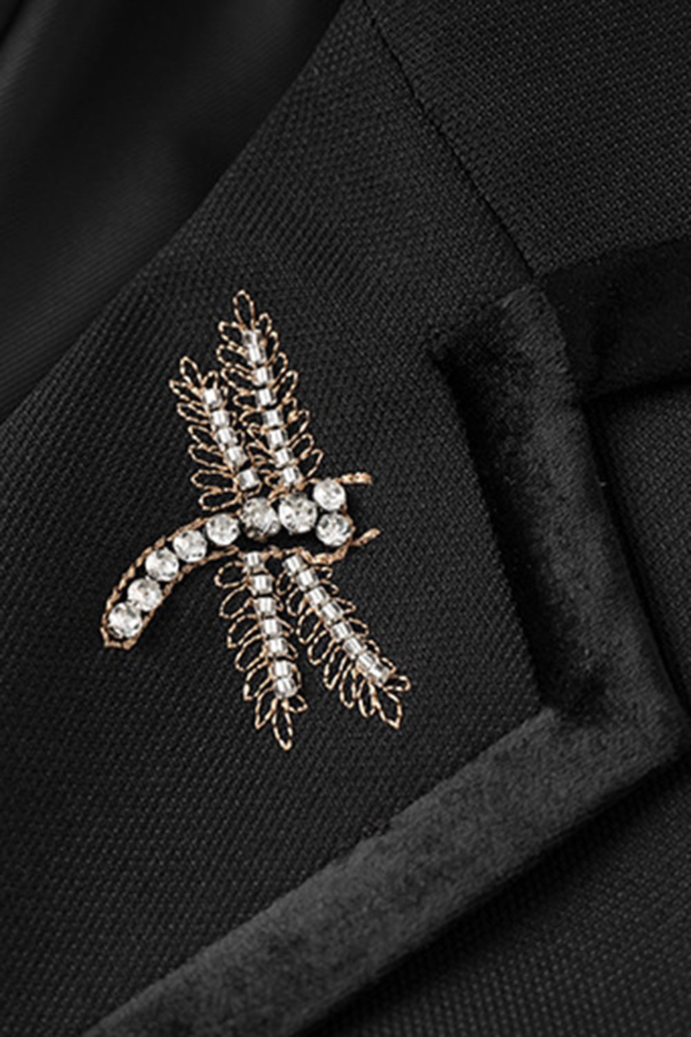 Black Notched Lapel Beaded Double Breasted Blazer