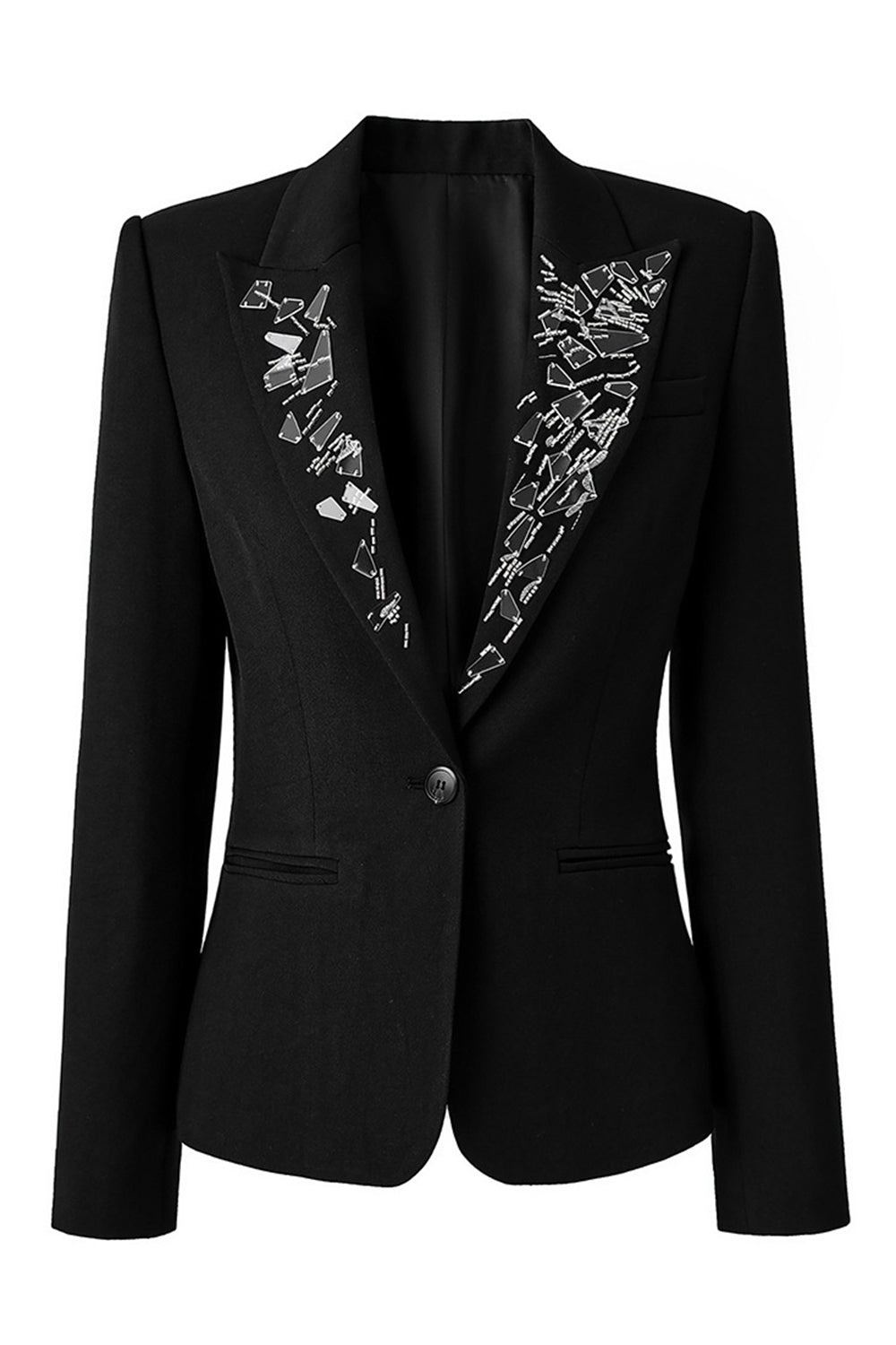 Peak Lapel Black One Button Prom Blazer With Mirrors