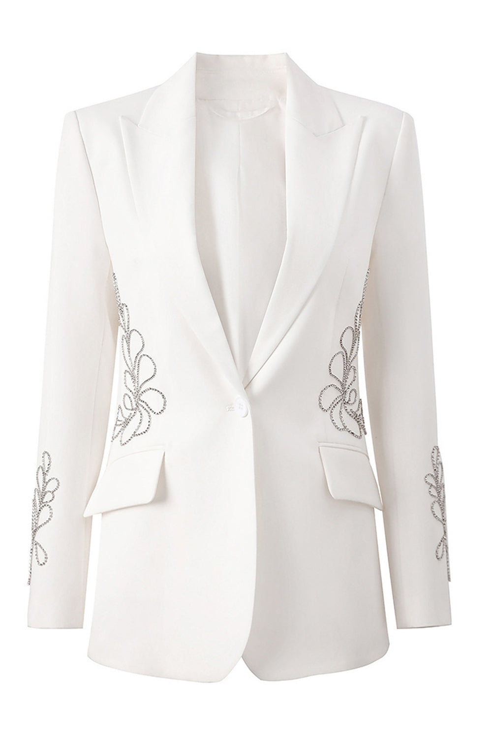 White Peak Lapel One Button Beaded Women Blazer