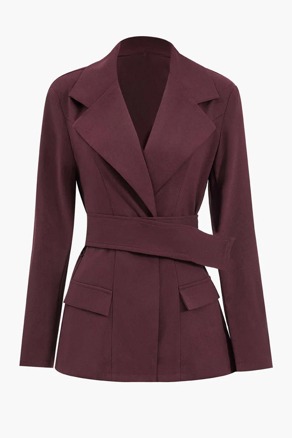 Burgundy Notched Lapel Women Blazer With Belt