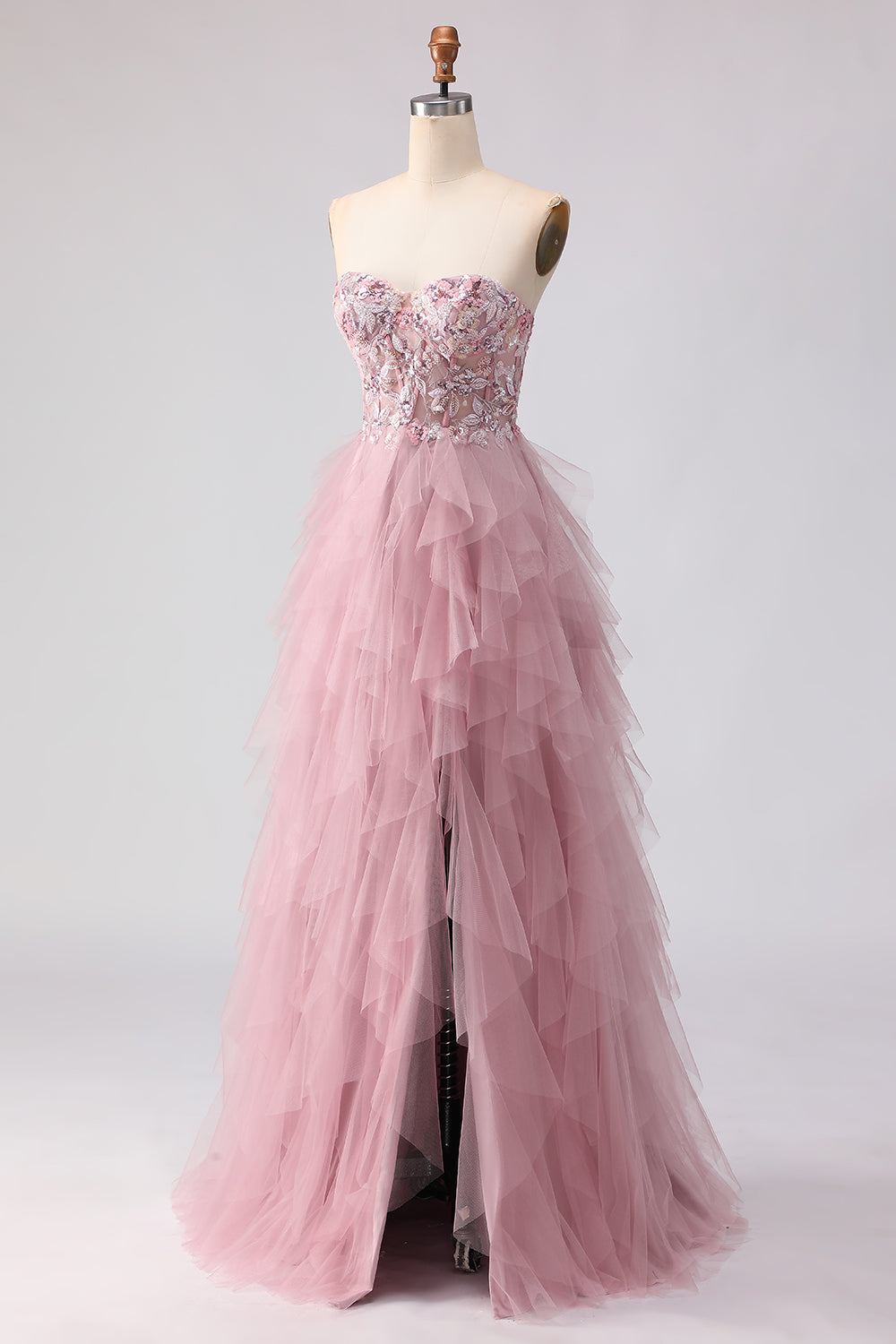 Sparkly Strapless Corset Appliqued Pink Prom Dress
