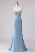 Sky Blue Corset Strapless Mermaid Maxi Prom Dress