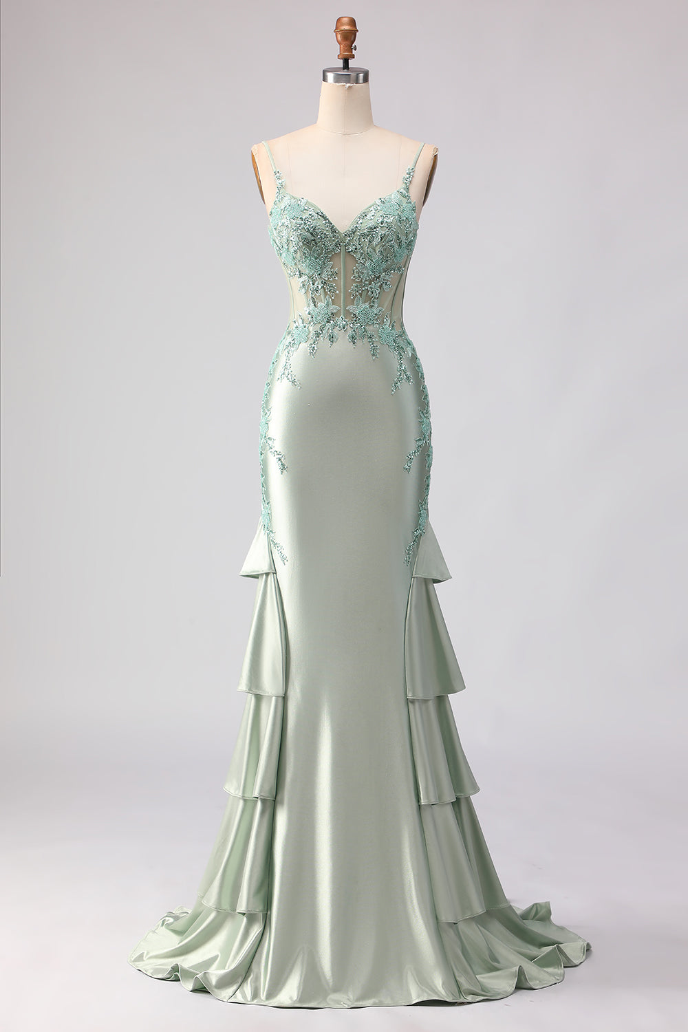 Appliqued Corset Light Green Prom Dress with Ruffles
