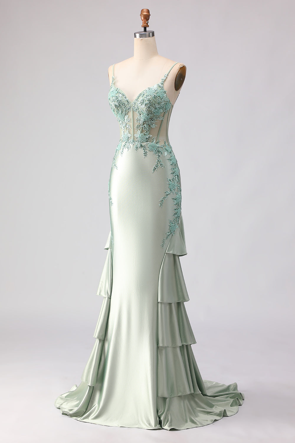 Appliqued Corset Light Green Prom Dress with Ruffles