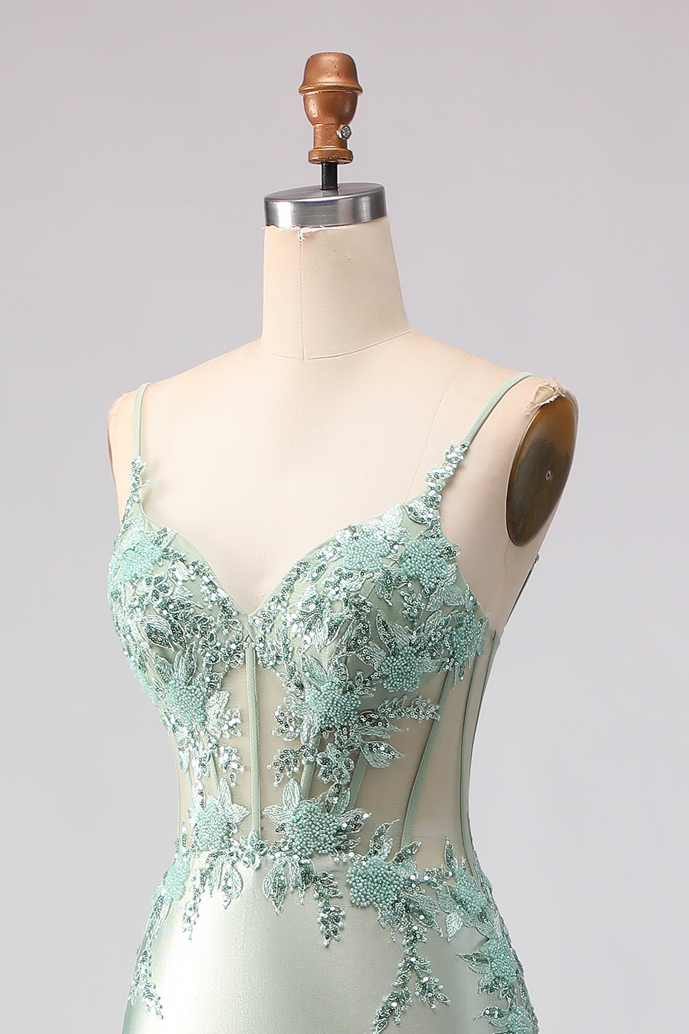 Appliqued Corset Light Green Prom Dress with Ruffles