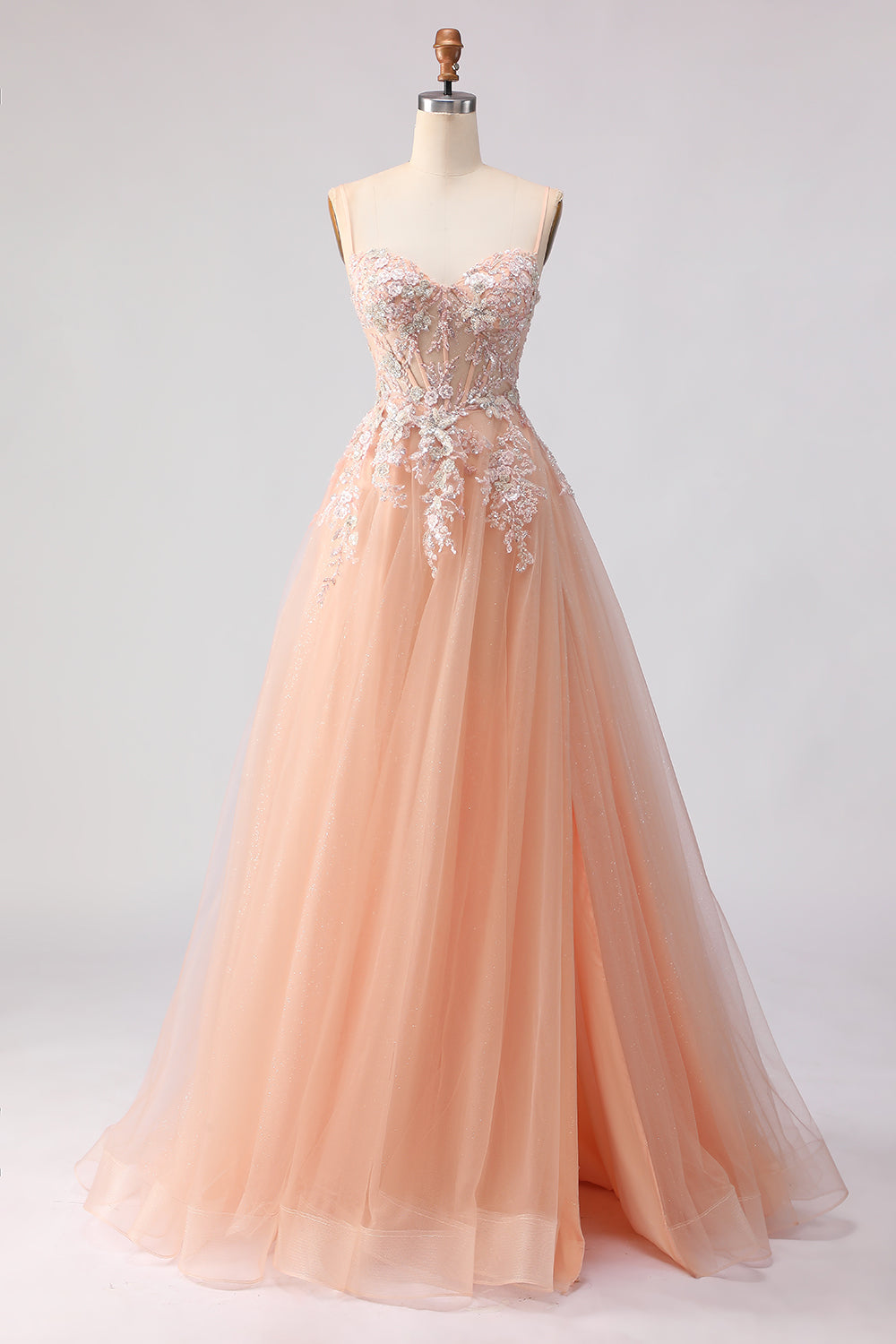 Sage Green A Line Appliqued Corset Sequin Prom Dress