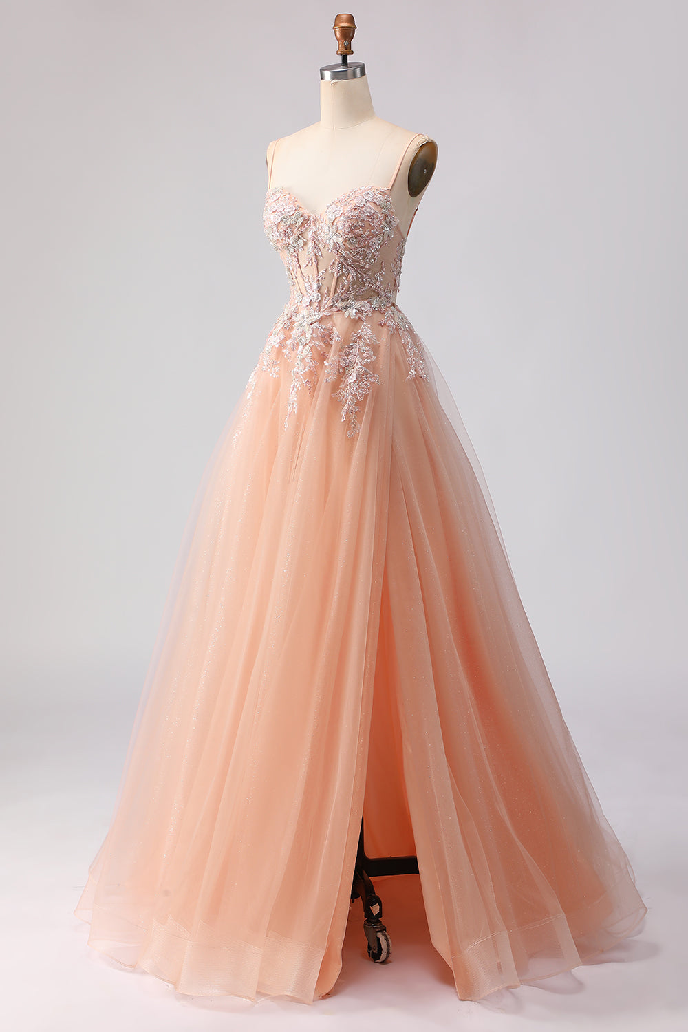 Spaghetti Straps Champagne A Line Appliqued Prom Dress