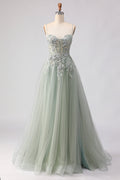 Sage Green A Line Appliqued Corset Sequin Prom Dress