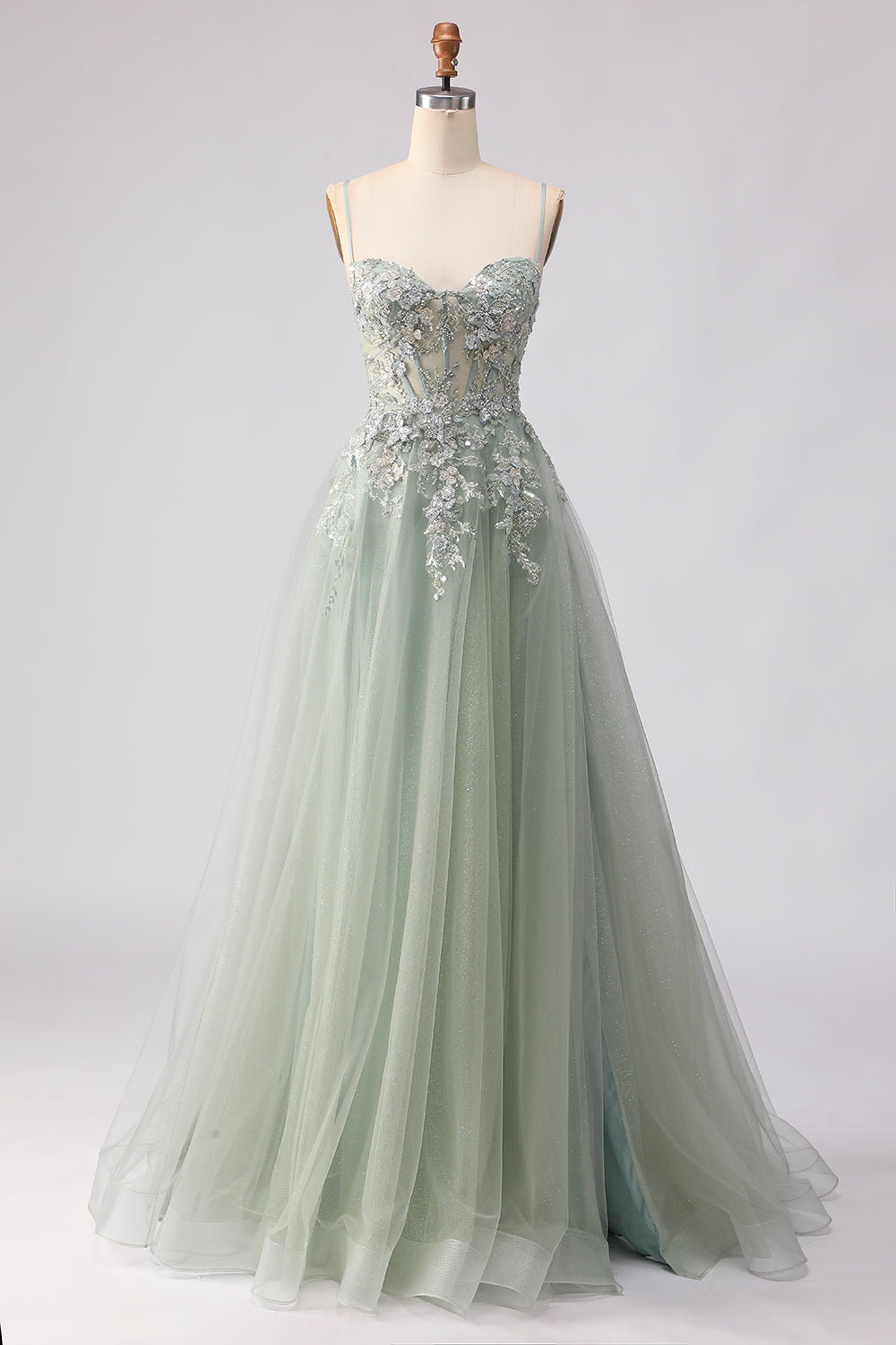 Spaghetti Straps Champagne A Line Appliqued Prom Dress