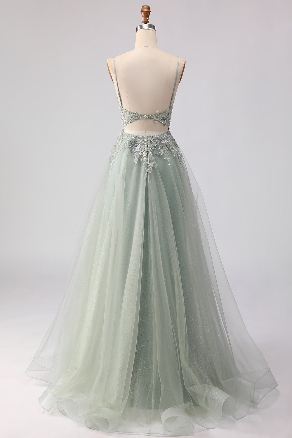 Spaghetti Straps Champagne A Line Appliqued Prom Dress