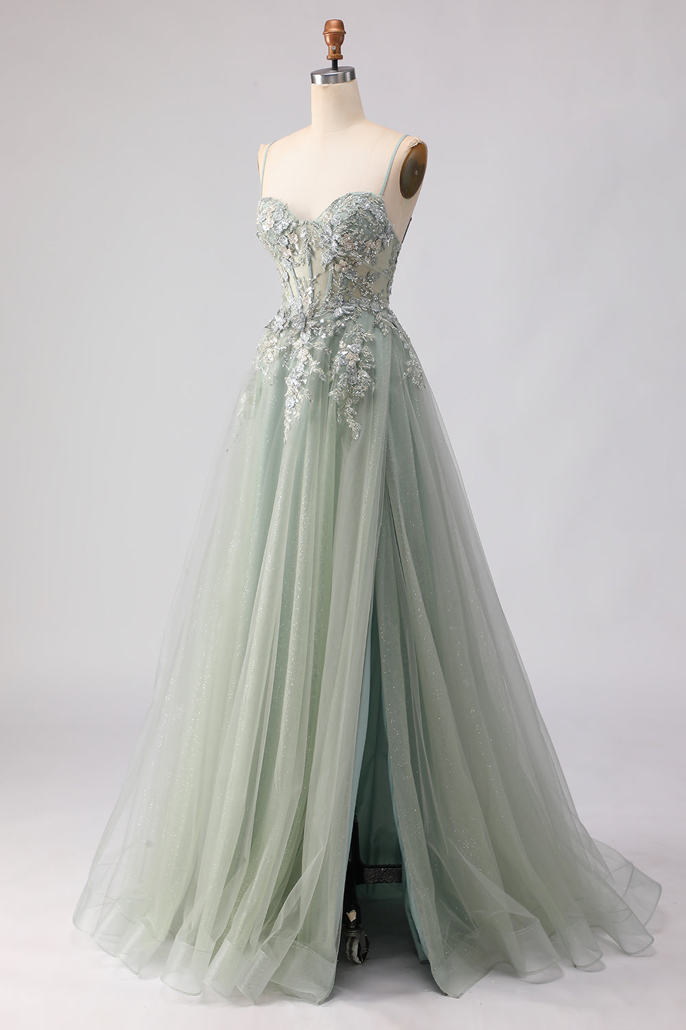 Sage Green A Line Appliqued Corset Sequin Prom Dress