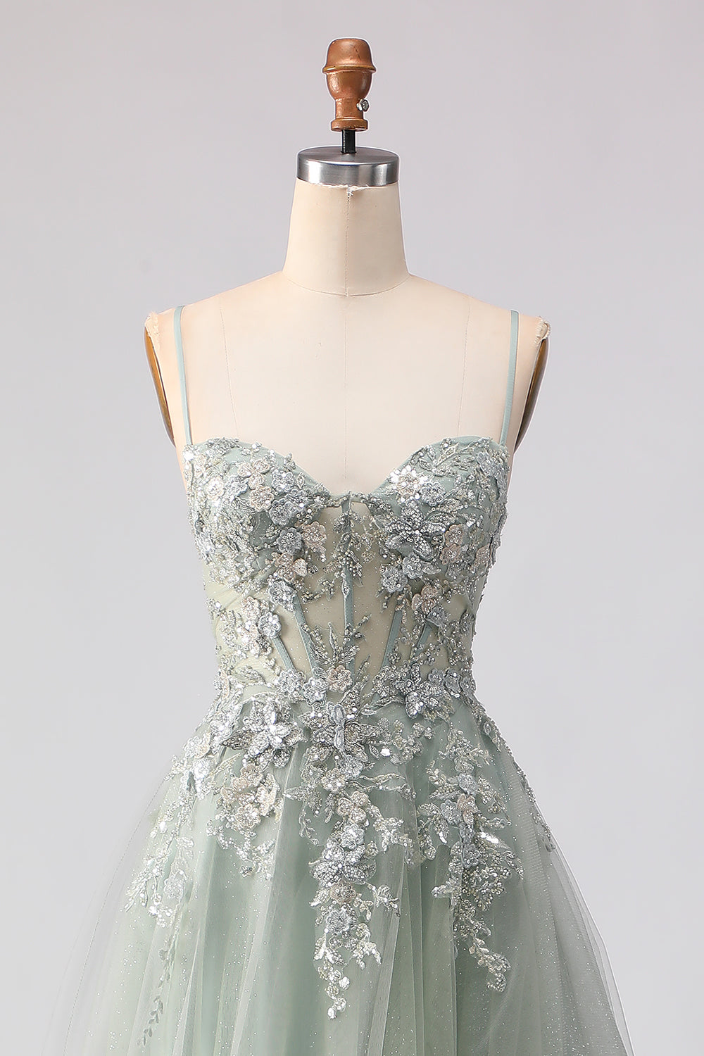 Sage Green A Line Appliqued Corset Sequin Prom Dress