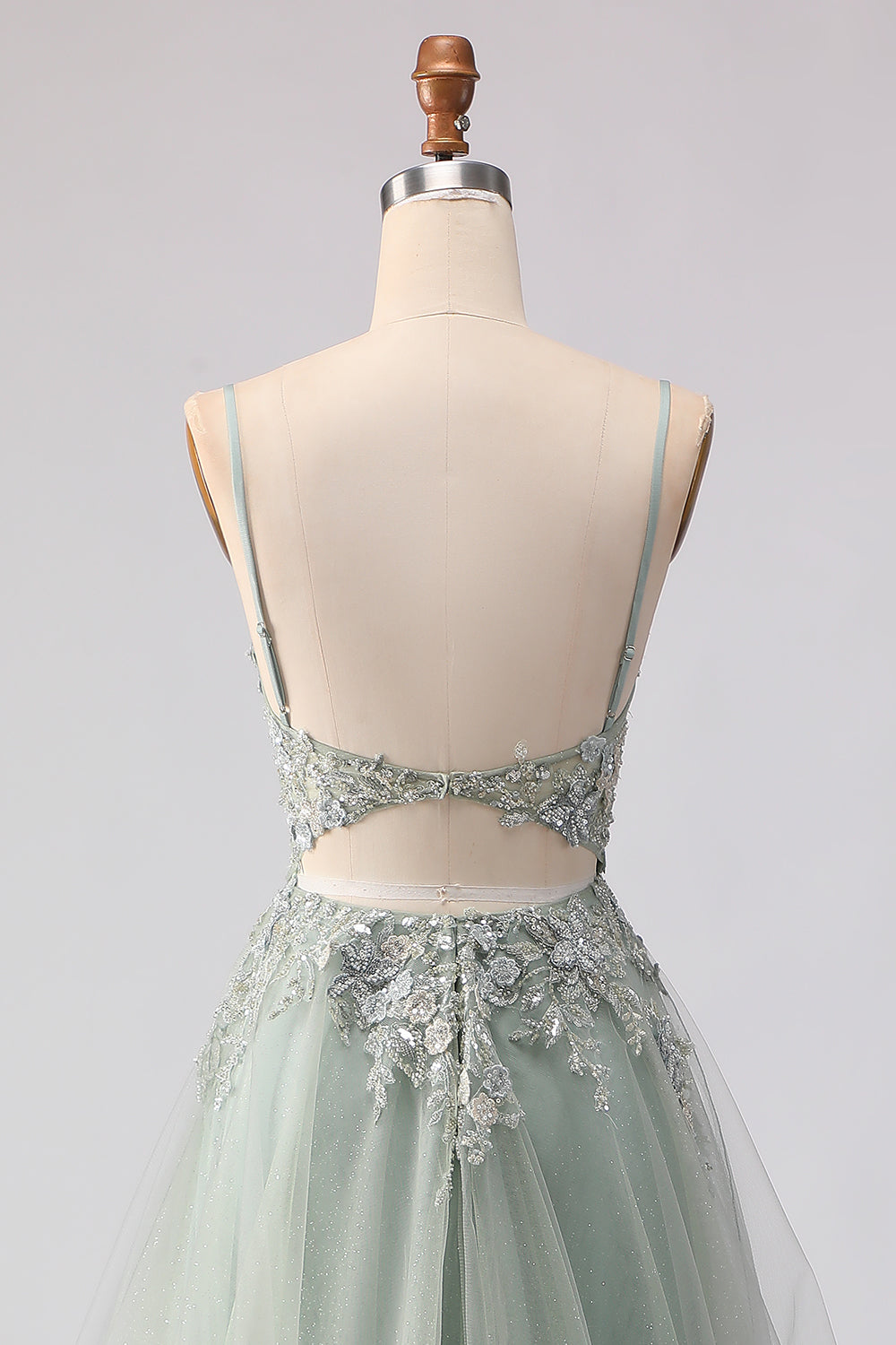 Spaghetti Straps Champagne A Line Appliqued Prom Dress