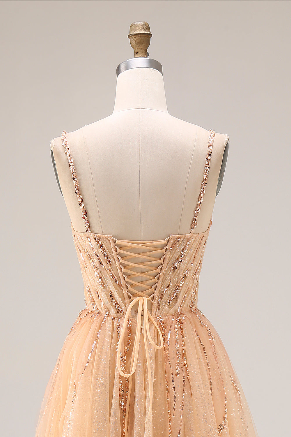 Sparkly Peach Beaded A Line Prom Dress