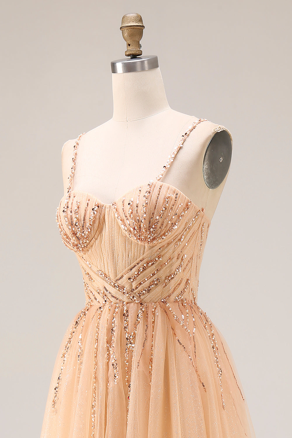 Sparkly Peach Beaded A Line Prom Dress