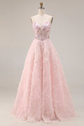Sparkly Pink A Line Strapless 3D Flowers Prom Dress