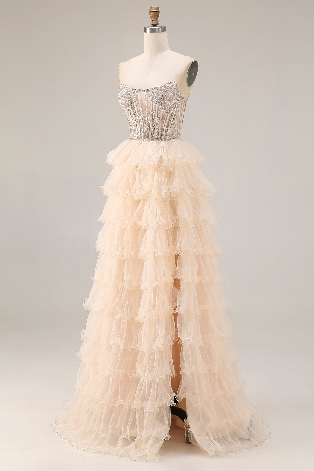 Sparkly Apricot Corset Tiered Ruffled Strapless Prom Dress
