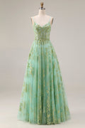 Sparkly Green Corset A Line Maxi Prom Dress