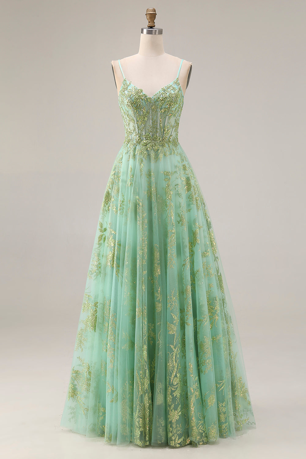 Sparkly Green Corset A Line Maxi Prom Dress
