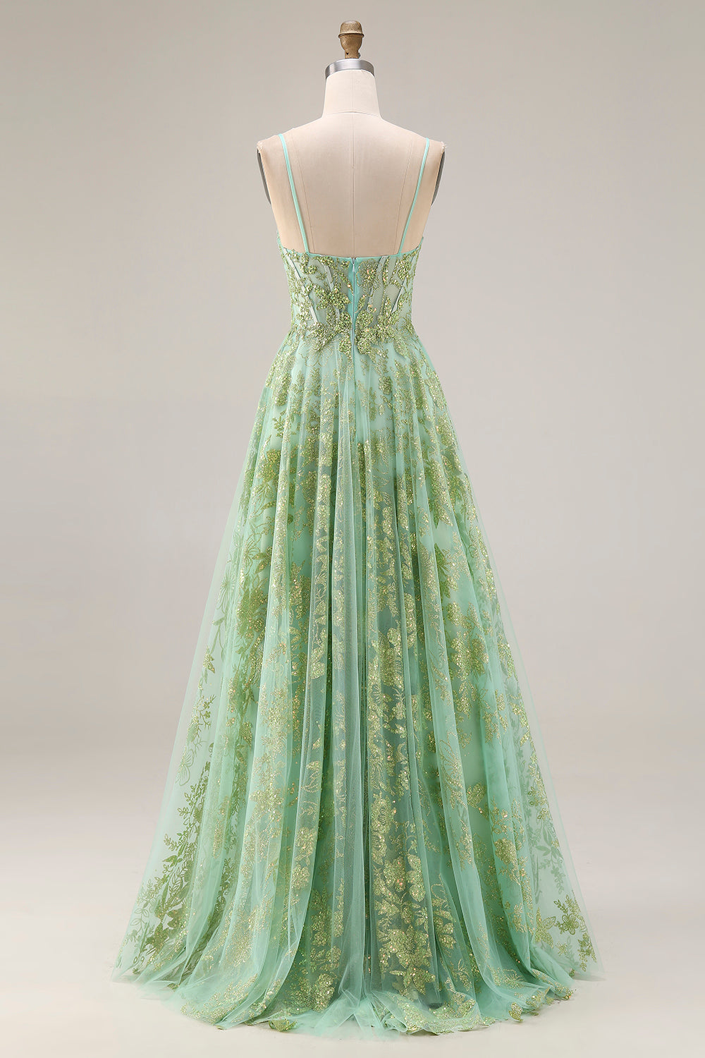 Sparkly Green Corset A Line Maxi Prom Dress