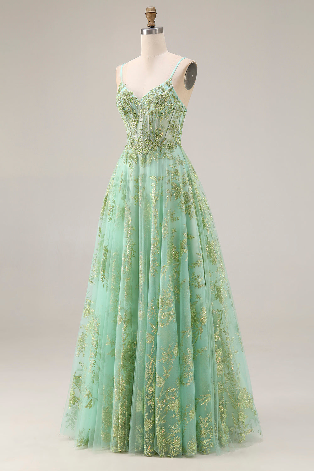 Sparkly Green Corset A Line Maxi Prom Dress