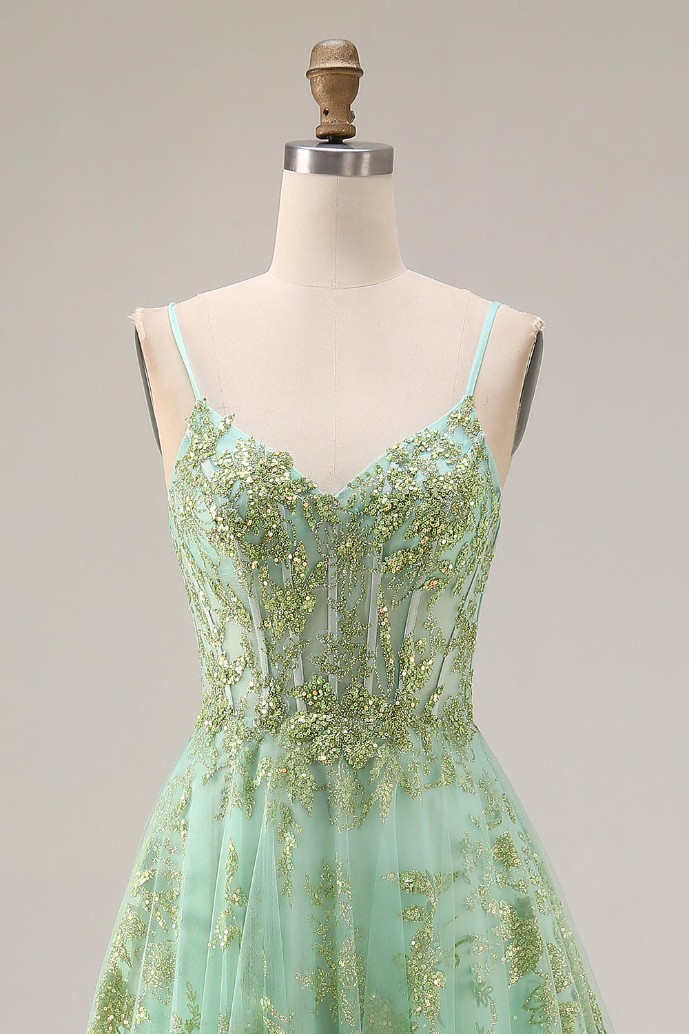 Sparkly Green Corset A Line Maxi Prom Dress