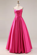 Strapless Fuchsia Satin Ruched A Line Prom Dress