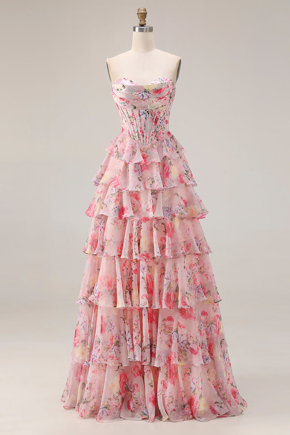 Pink Strapless Corset Floral Tiered Prom Dress
