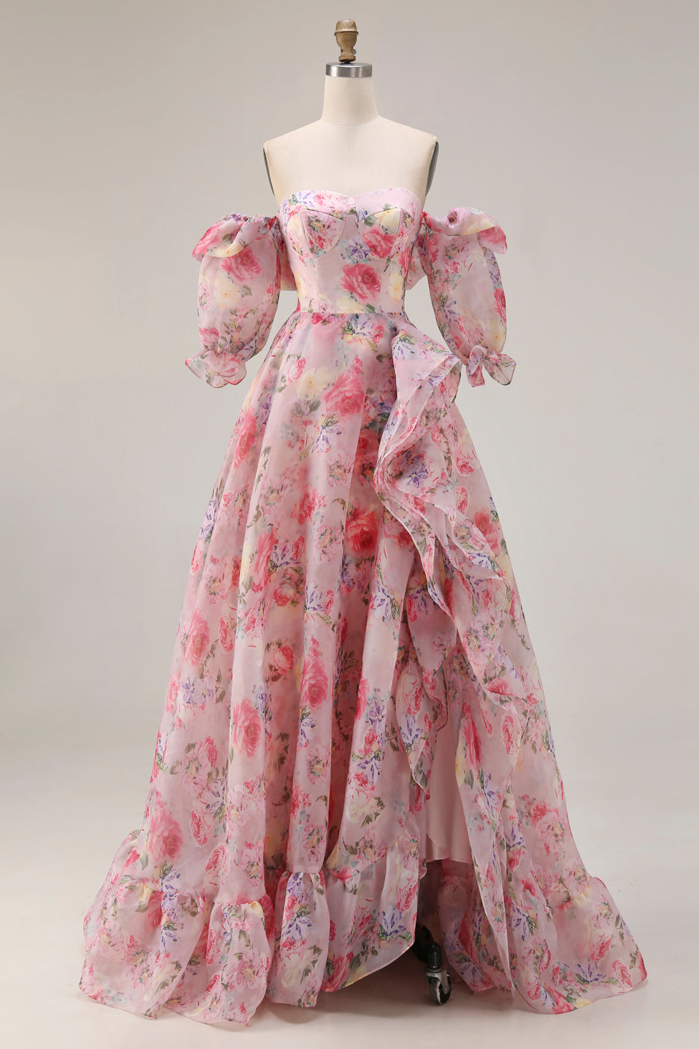 Off the Shoulder Pink Floral A Line Ruffled Prom Dress
