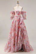 Off the Shoulder Pink Floral A Line Ruffled Prom Dress