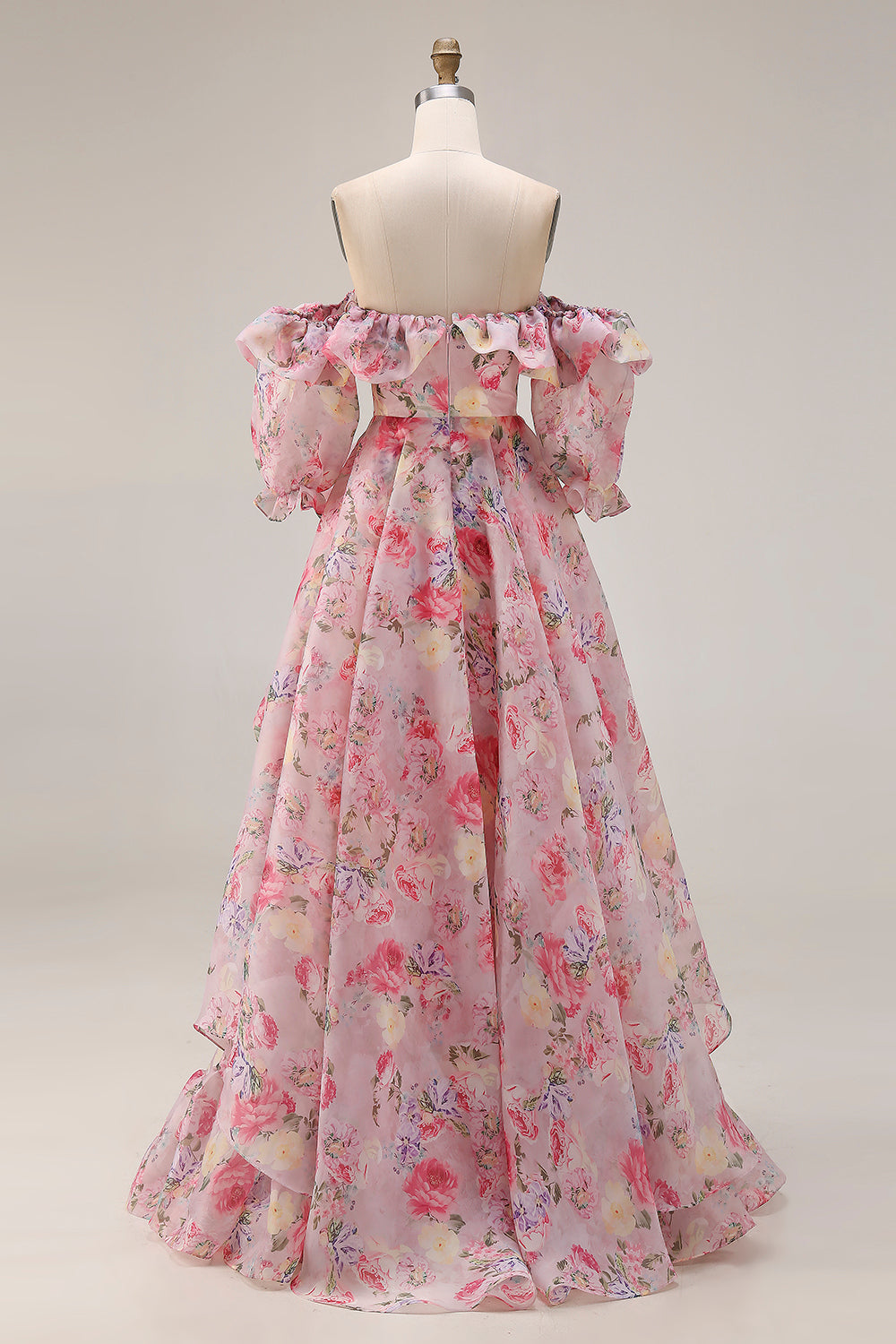 Off the Shoulder Pink Floral A Line Ruffled Prom Dress