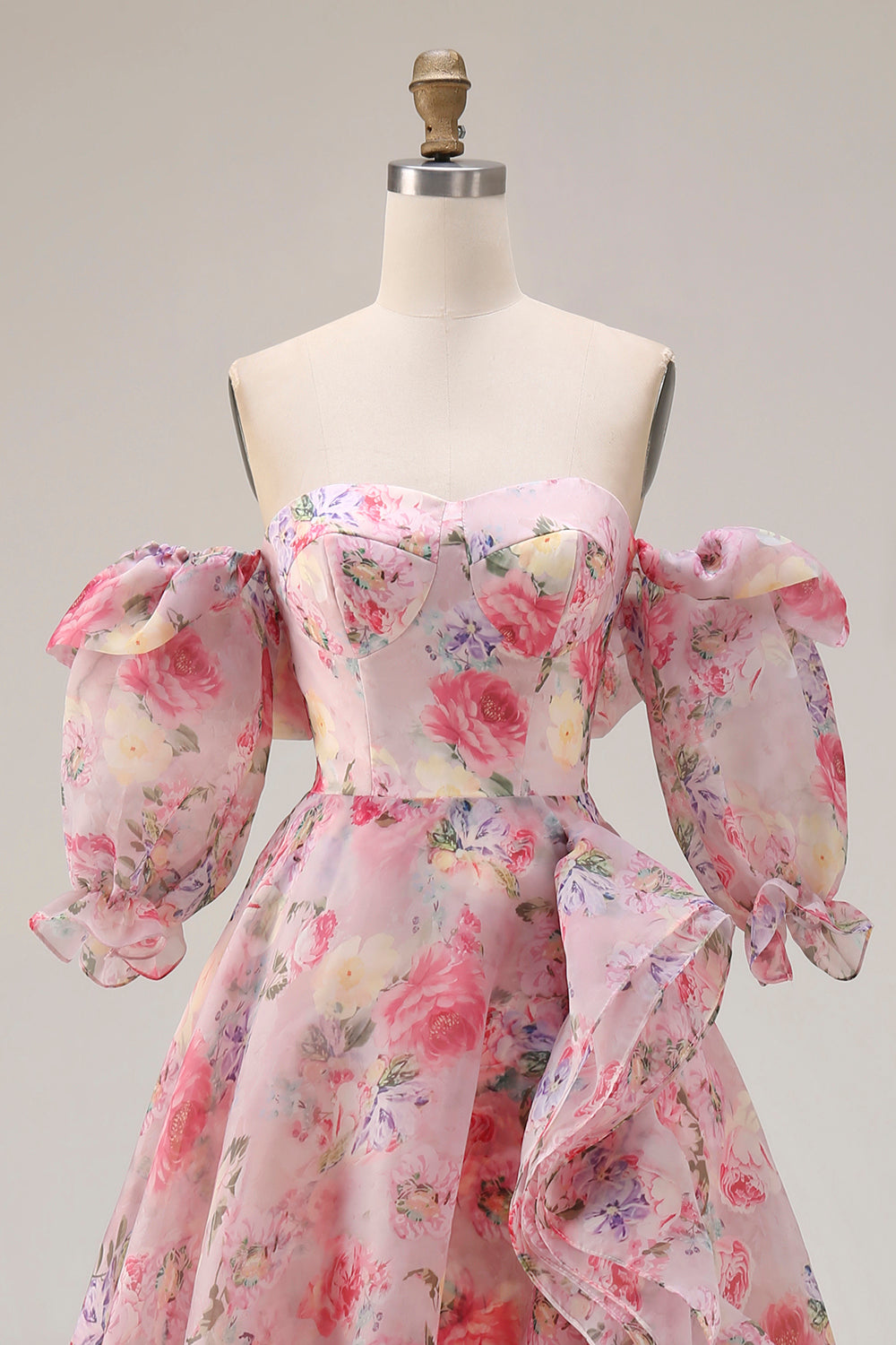 Off the Shoulder Pink Floral A Line Ruffled Prom Dress