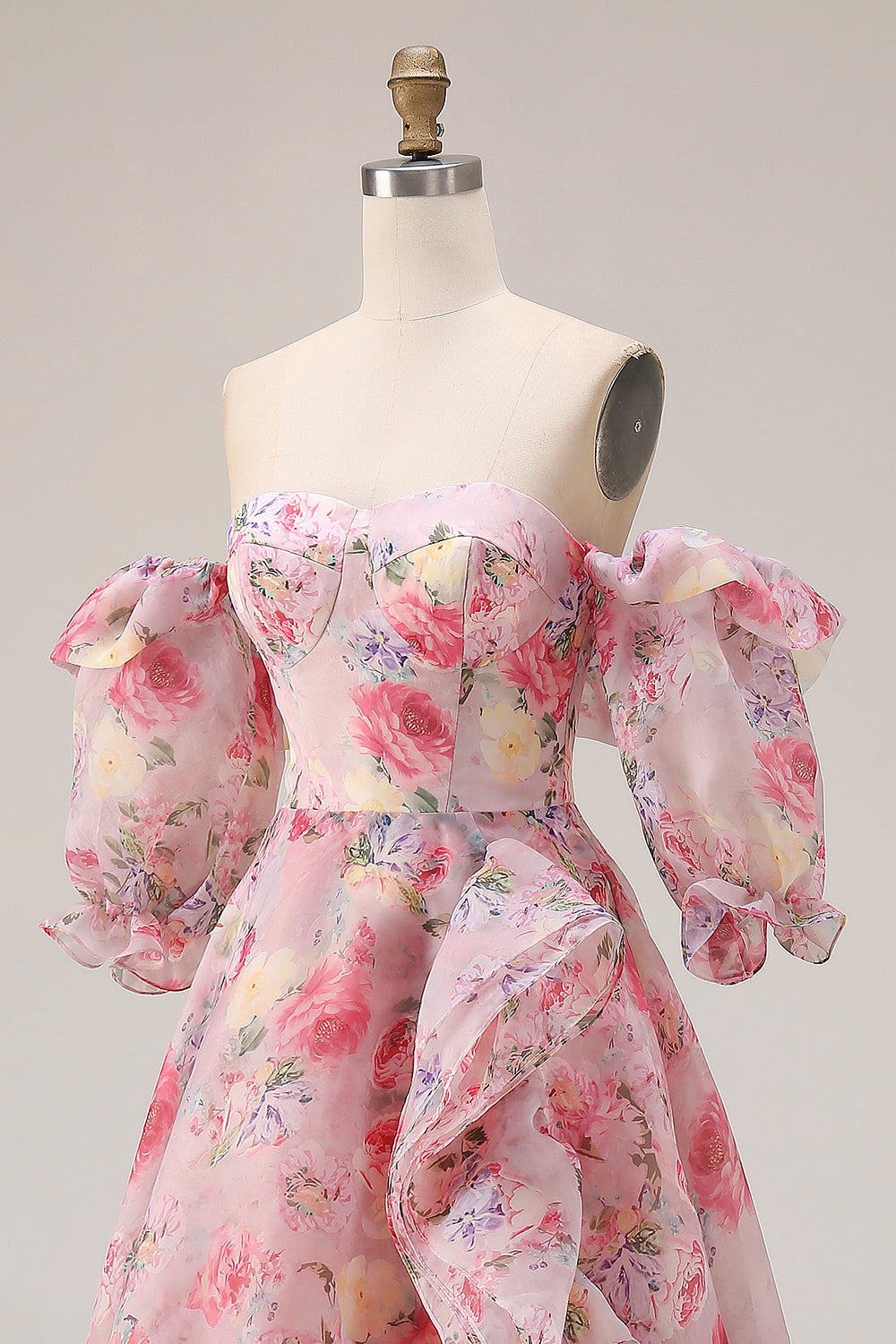 Off the Shoulder Pink Floral A Line Ruffled Prom Dress